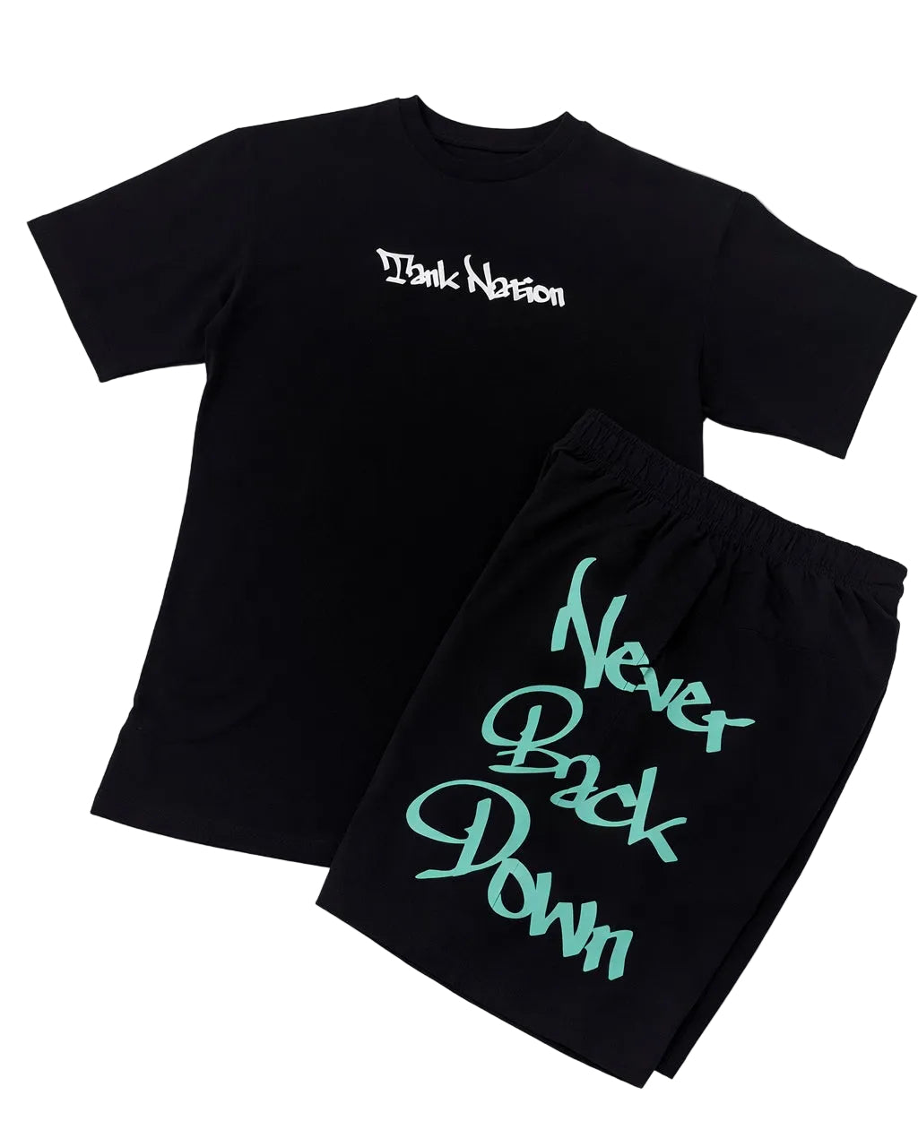 Black t-shirt and shorts set with 'Think Nation' and 'Never Back Down' text on a white background