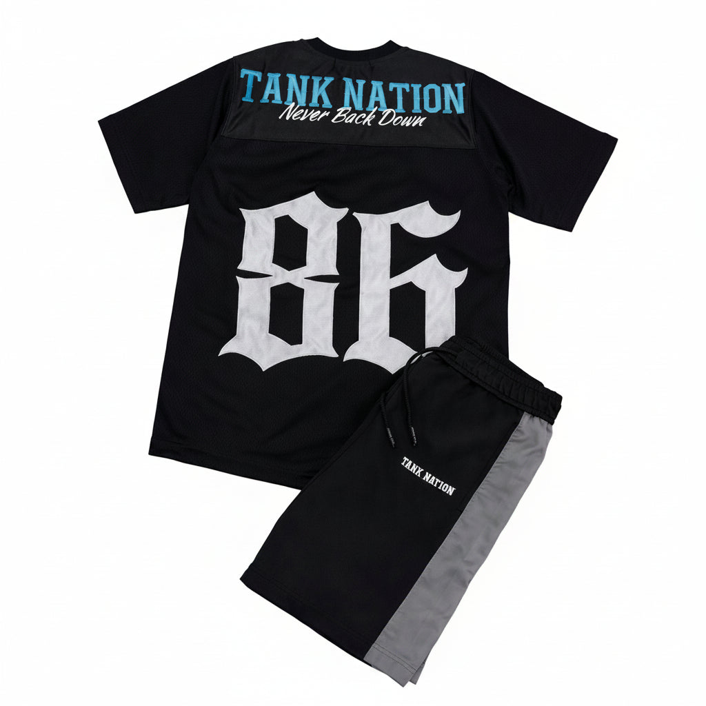 Black t-shirt and pants set with 'Tank Nation' branding on a light gray background