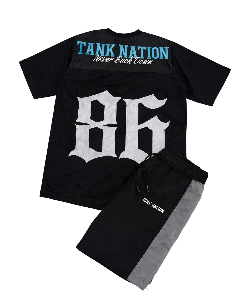 Black t-shirt and pants set with 'Tank Nation' branding on a light gray background